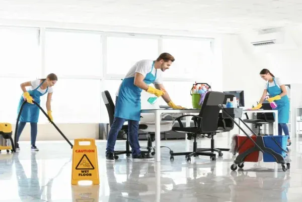 A group of janitors are cleaning an office.