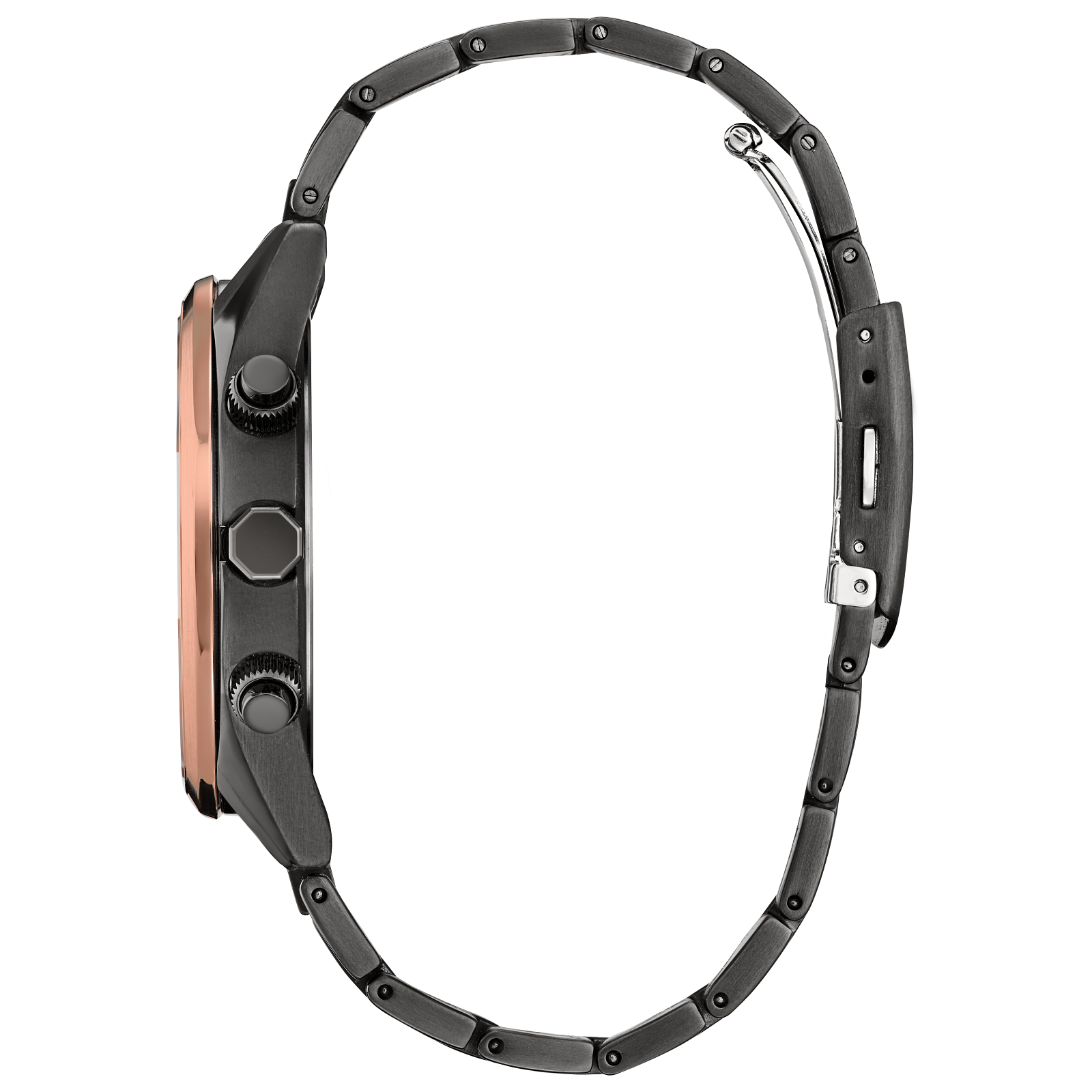 Black and brown Citizen watch with rose gold bezel and bracelet.