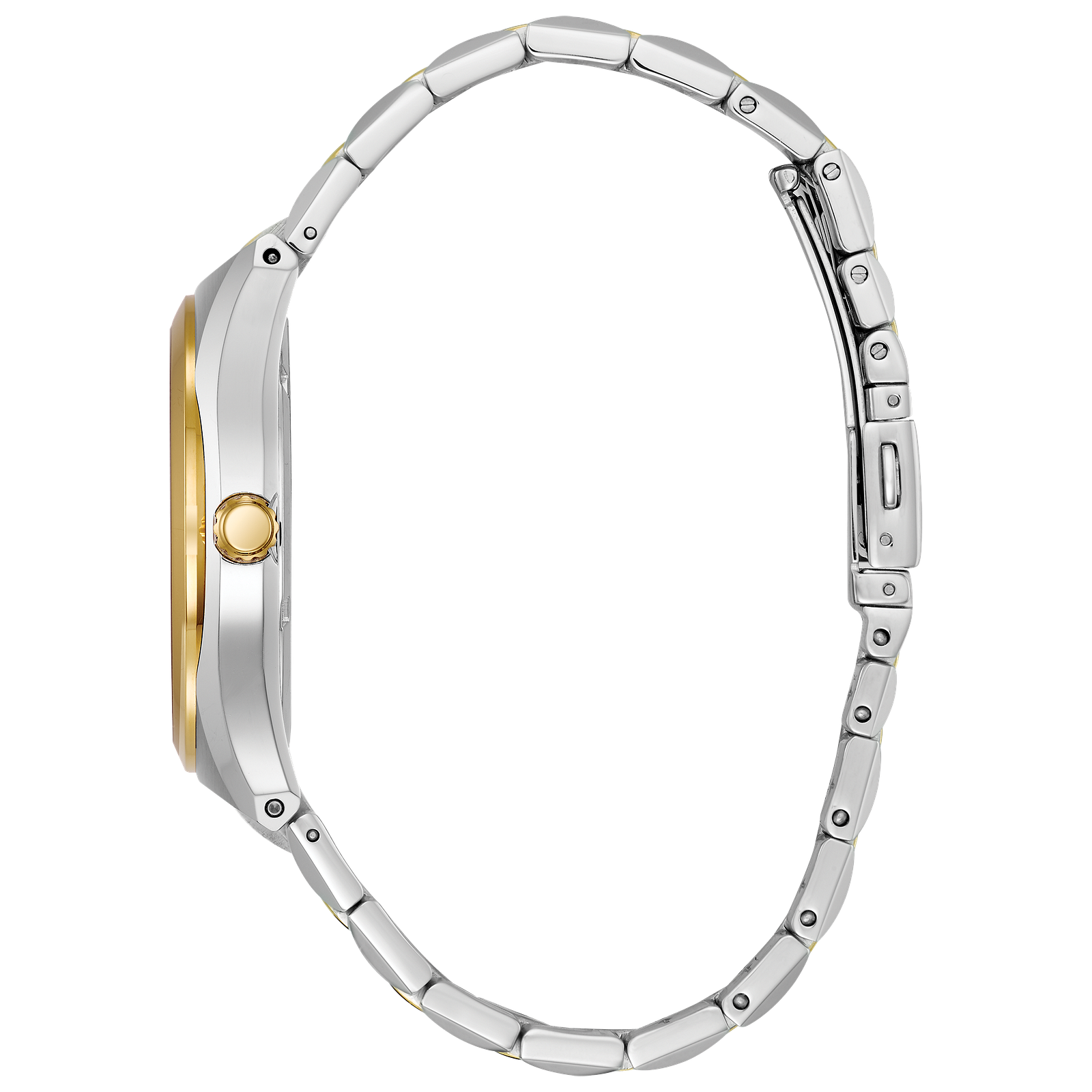 Citizen Eco-Drive watch with a blue face, gold bezel, and two-tone silver/gold band.