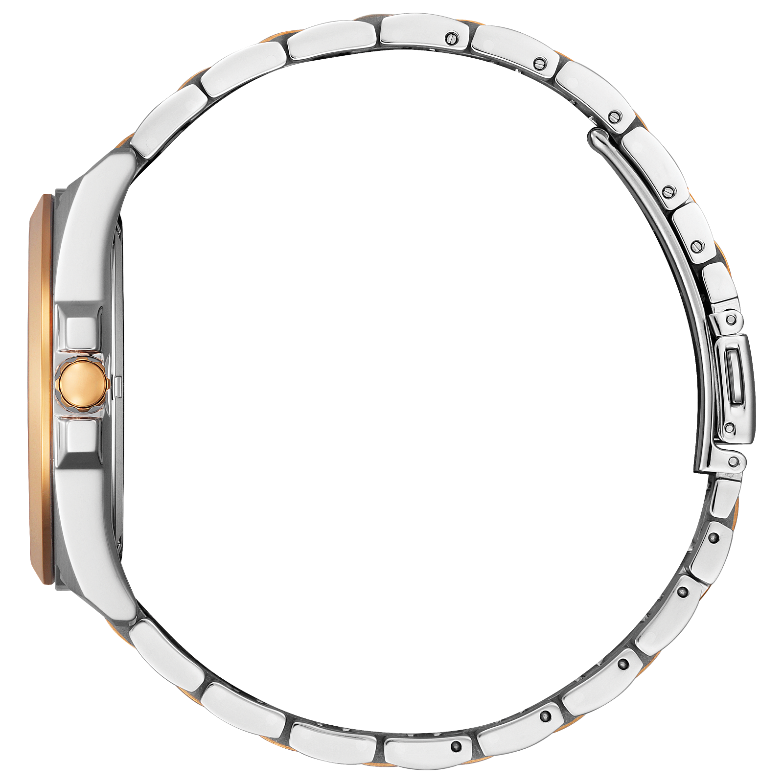 Citizen men's watch with silver and rose gold accents, black face, and date display.