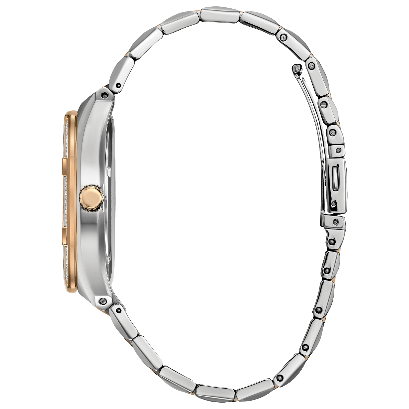 Citizen Eco-Drive women's watch with grey face, diamond bezel, gold accents, and silver band.