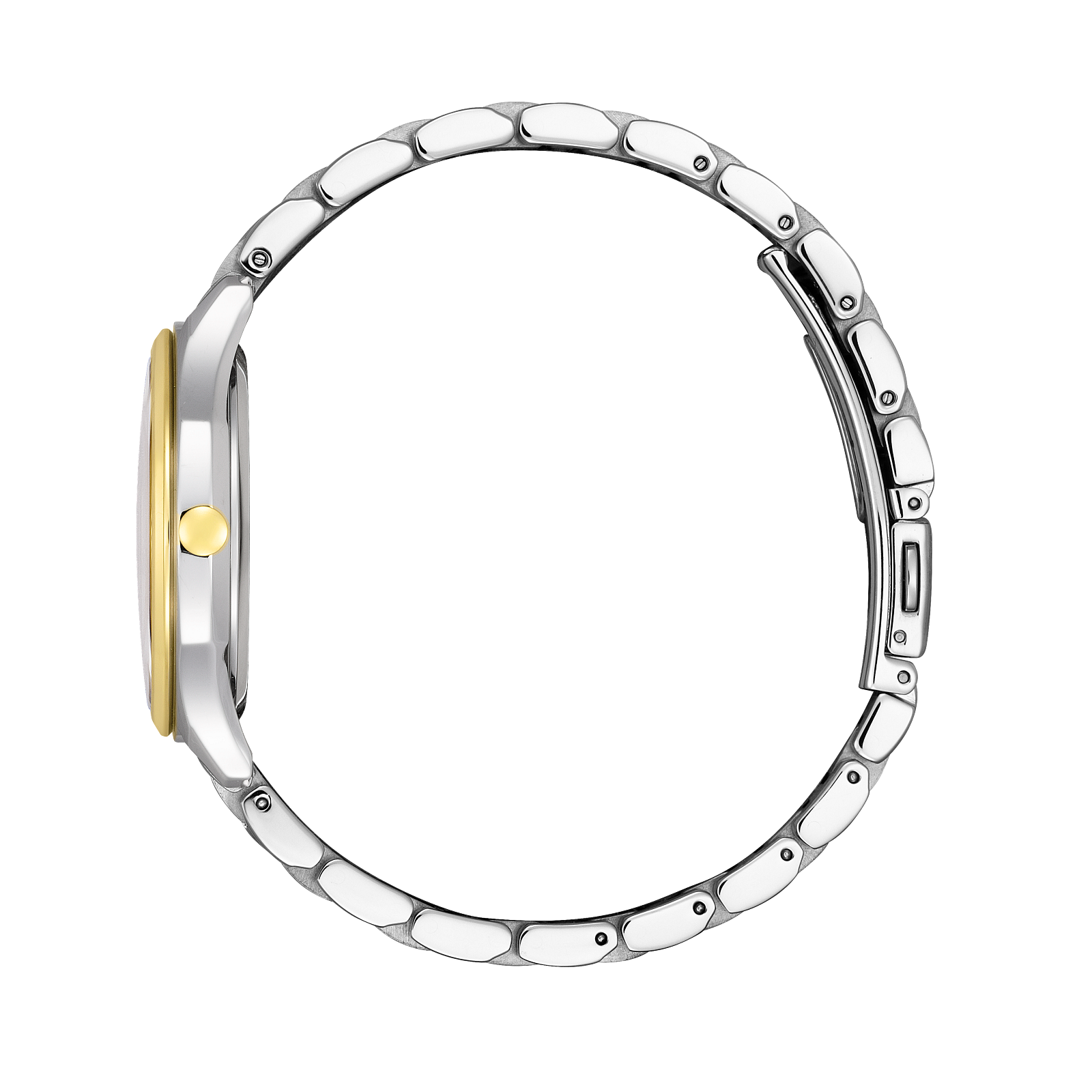 Citizen Eco-Drive women's watch featuring Mickey and Minnie Mouse. Gold and silver accents, white face, and linked band.