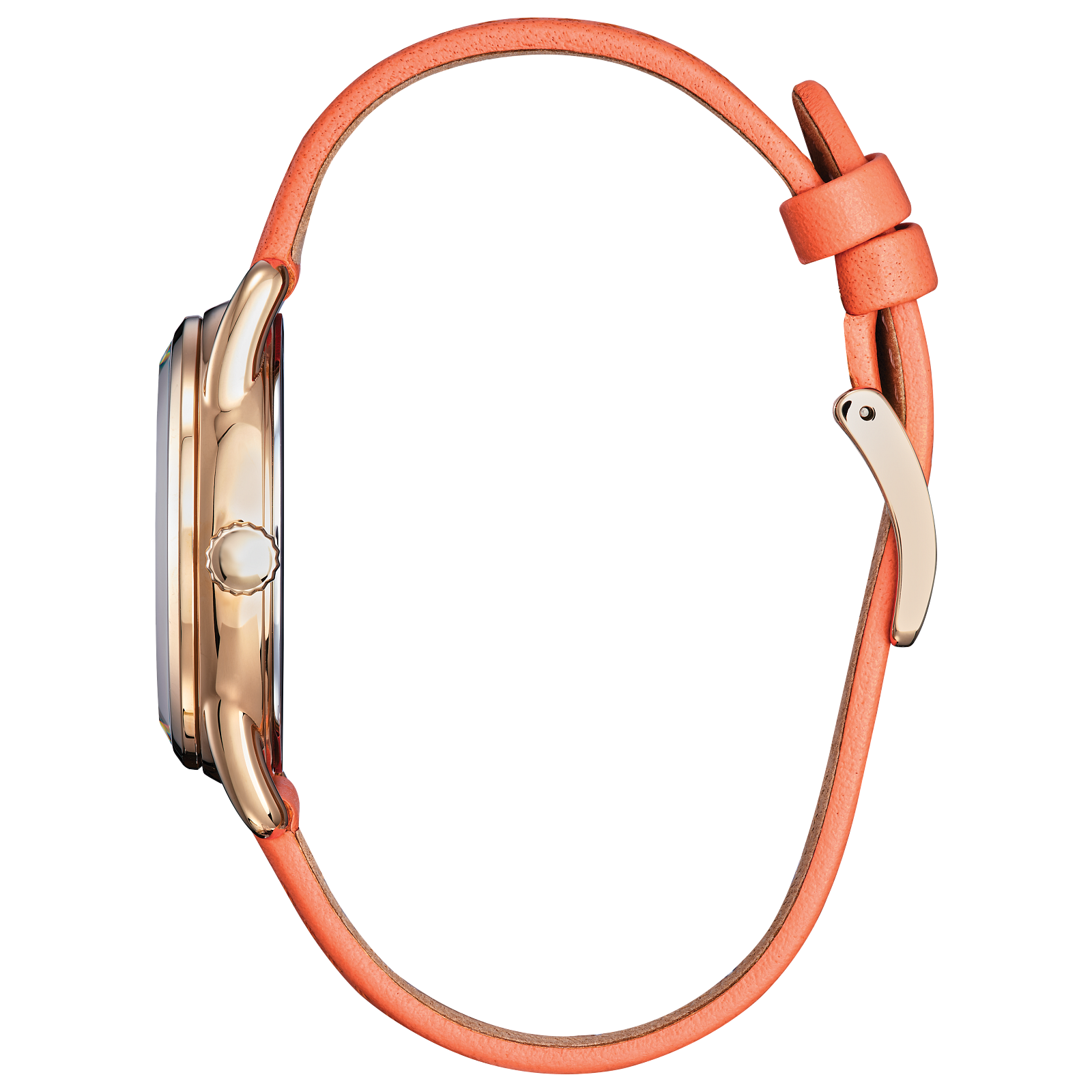 Minnie Mouse watch with floral dial and orange leather strap.