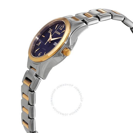 Citizen women's watch with a two-tone steel and gold band, dark blue face, gold bezel, and day/date display.