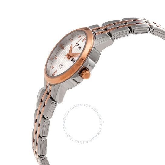 Citizen women's watch with silver and rose gold band and white face. Day and date window.
