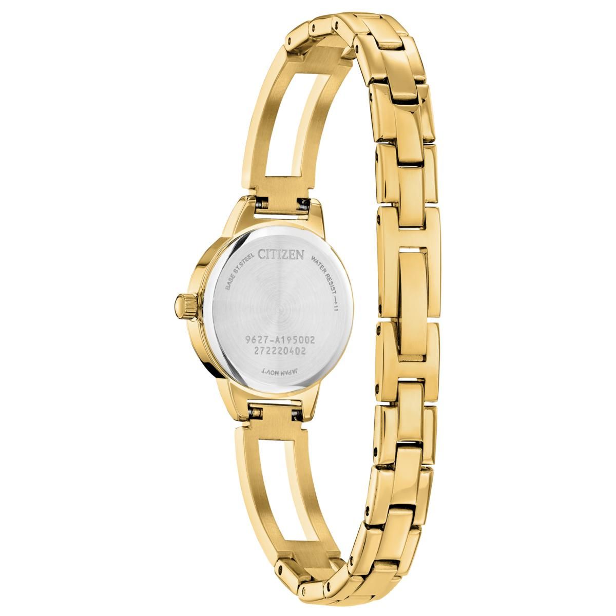 Gold Citizen women's watch with a black dial, diamond bezel, and matching bracelet.
