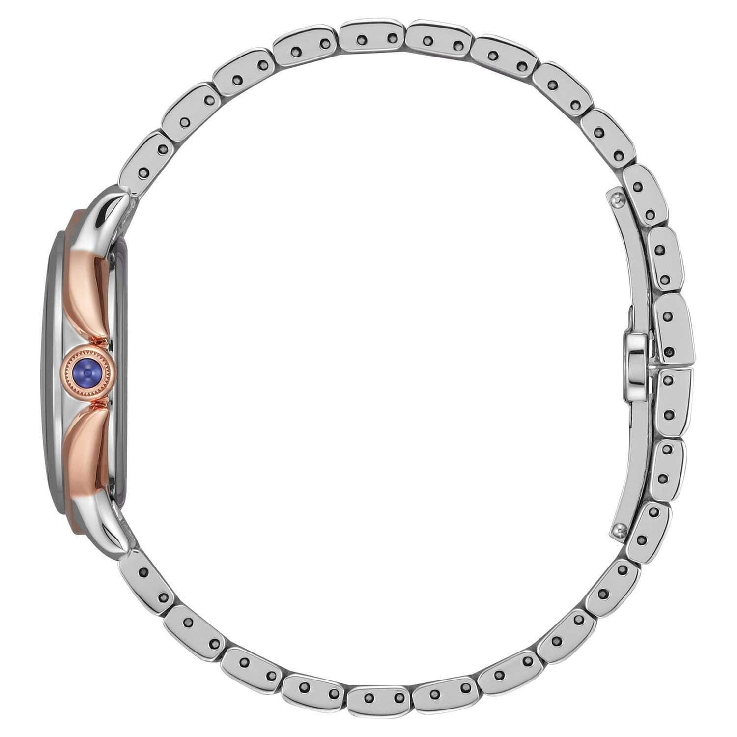 Citizen Eco-Drive women's watch with silver dial, diamond markers, rose gold accents, and a silver/rose gold band.