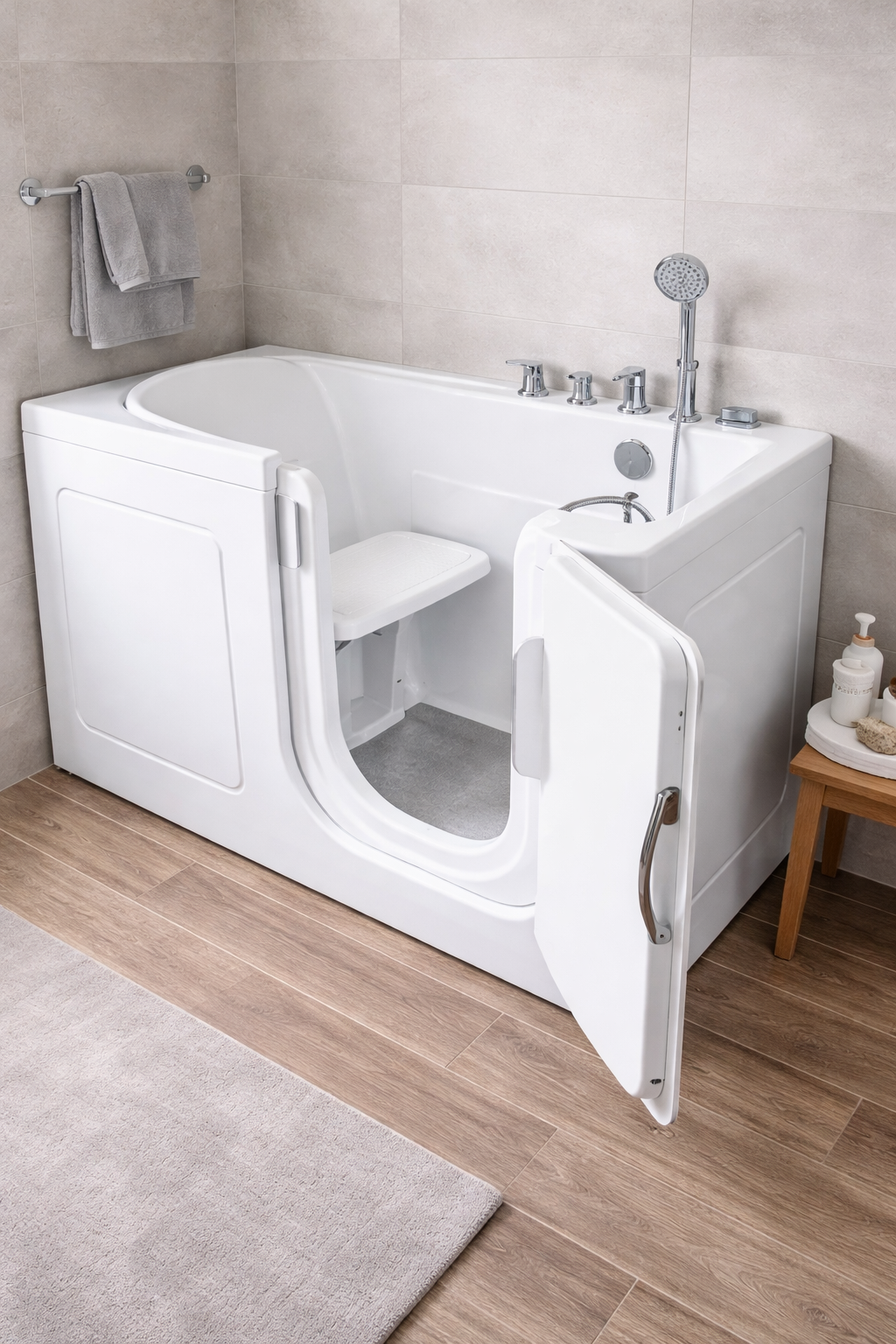Vasca da bagno bianca walk-in con sportello aperto, panca e soffione doccia in un bagno moderno.