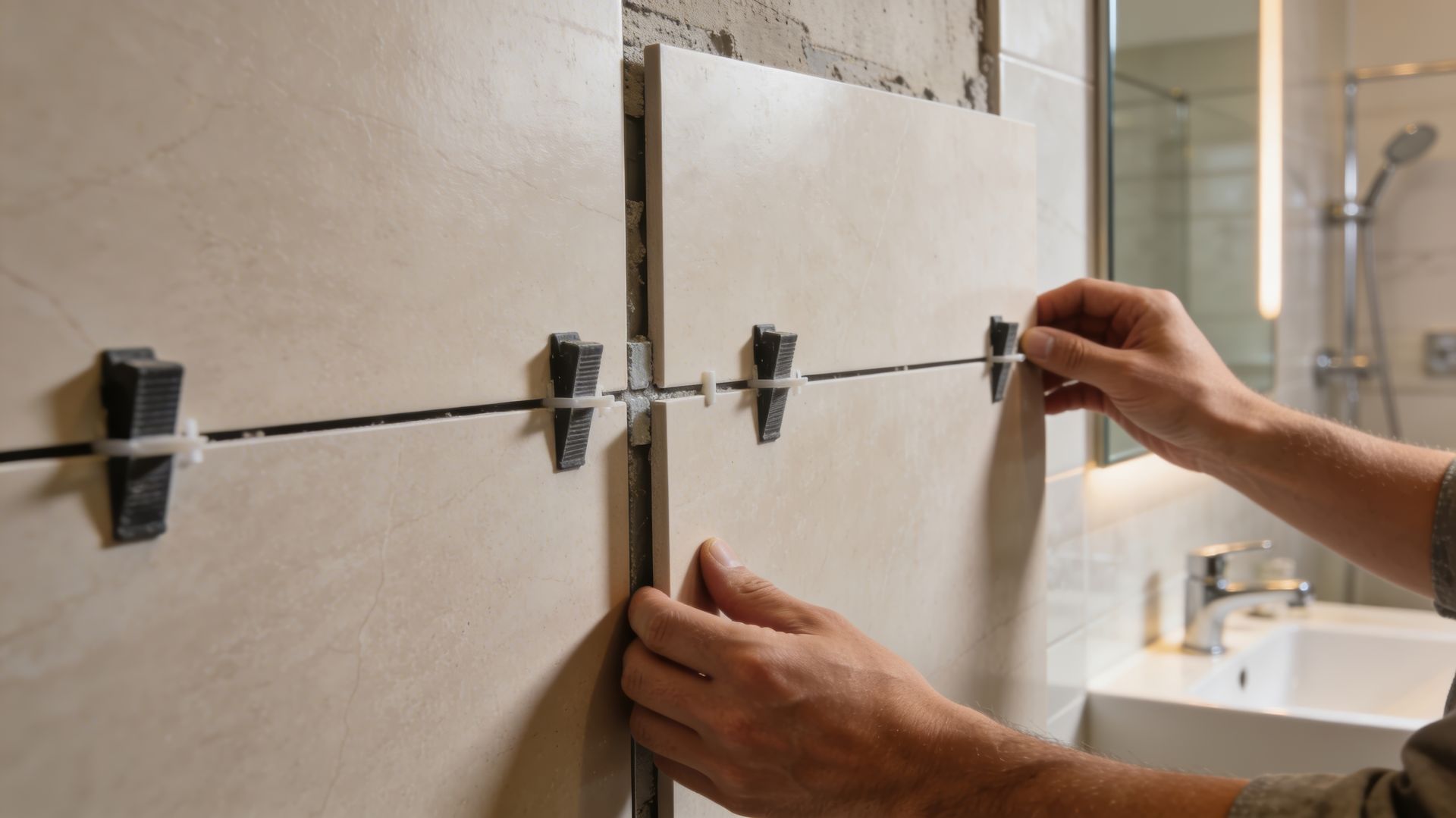 A person installing light-colored ceramic wall tiles using black leveling wedges and clips in a bathroom.