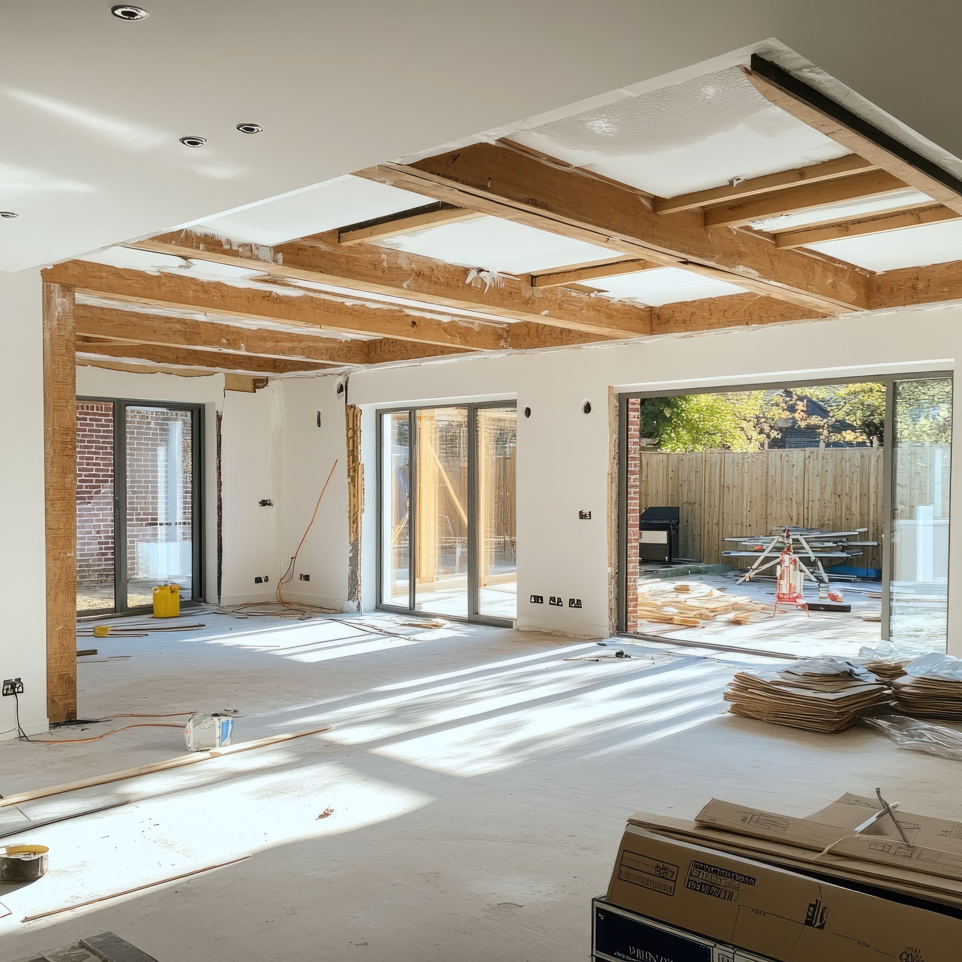 A construction site in an unfinished room with large glass sliding doors and exposed wooden ceiling beams.