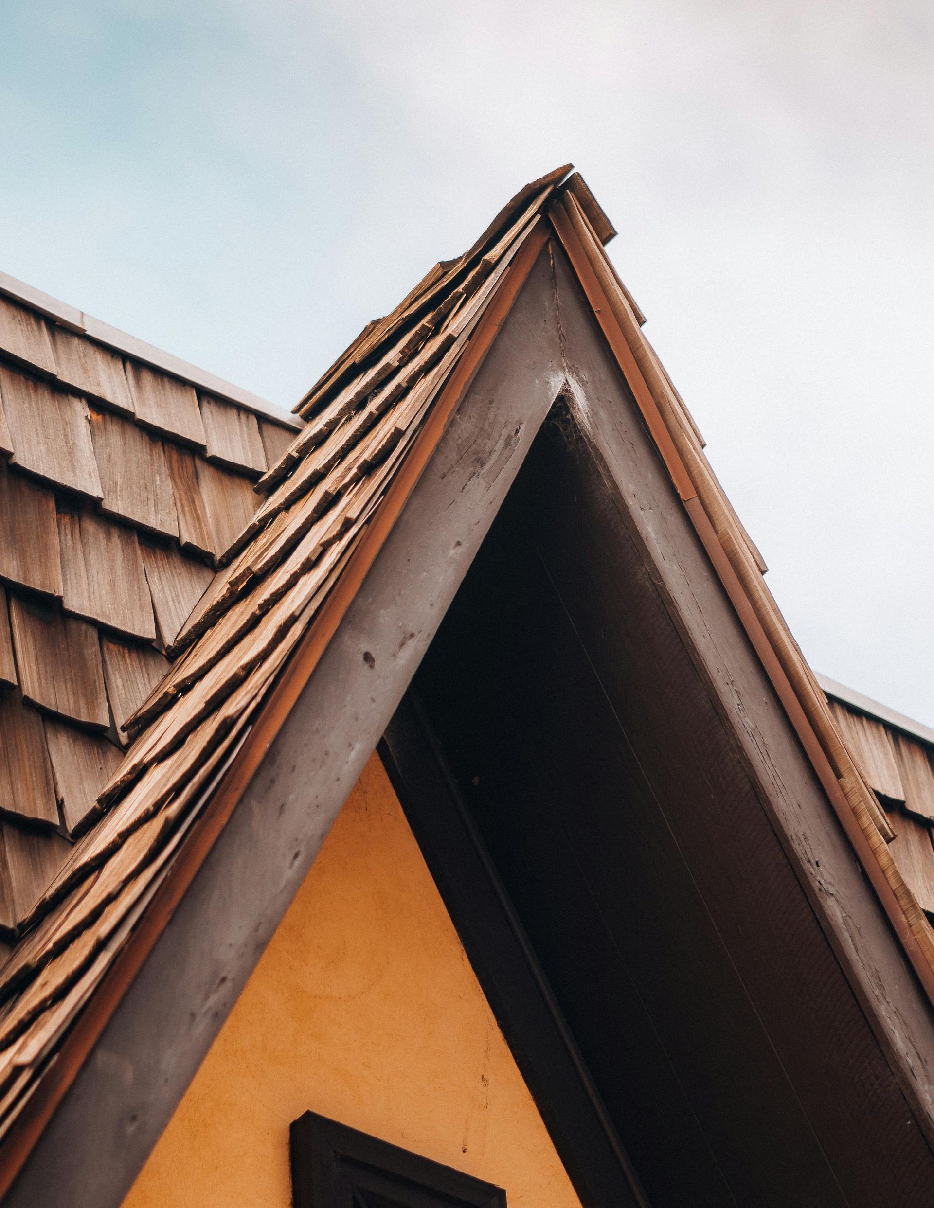 Close-up of a steep shingled roof gable with brown trim and a dark triangular opening under an overcast sky