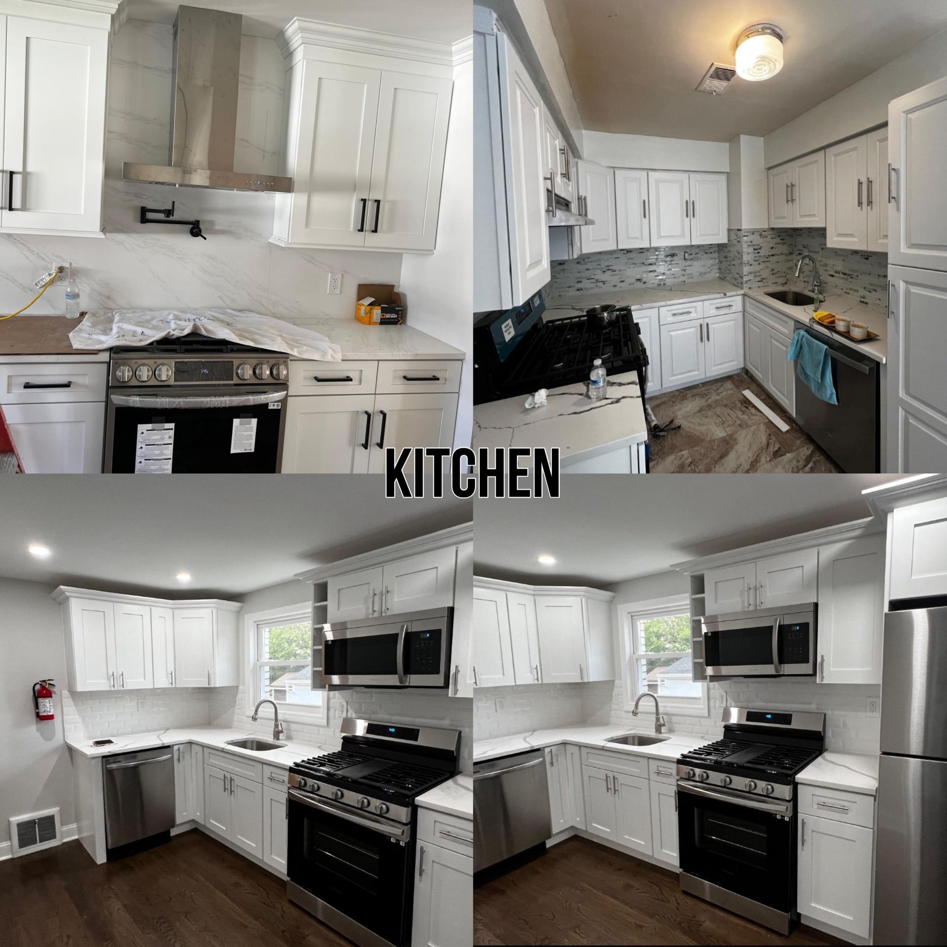 A collage of four photos showing a renovated kitchen with white cabinets, stainless steel appliances, and dark flooring.