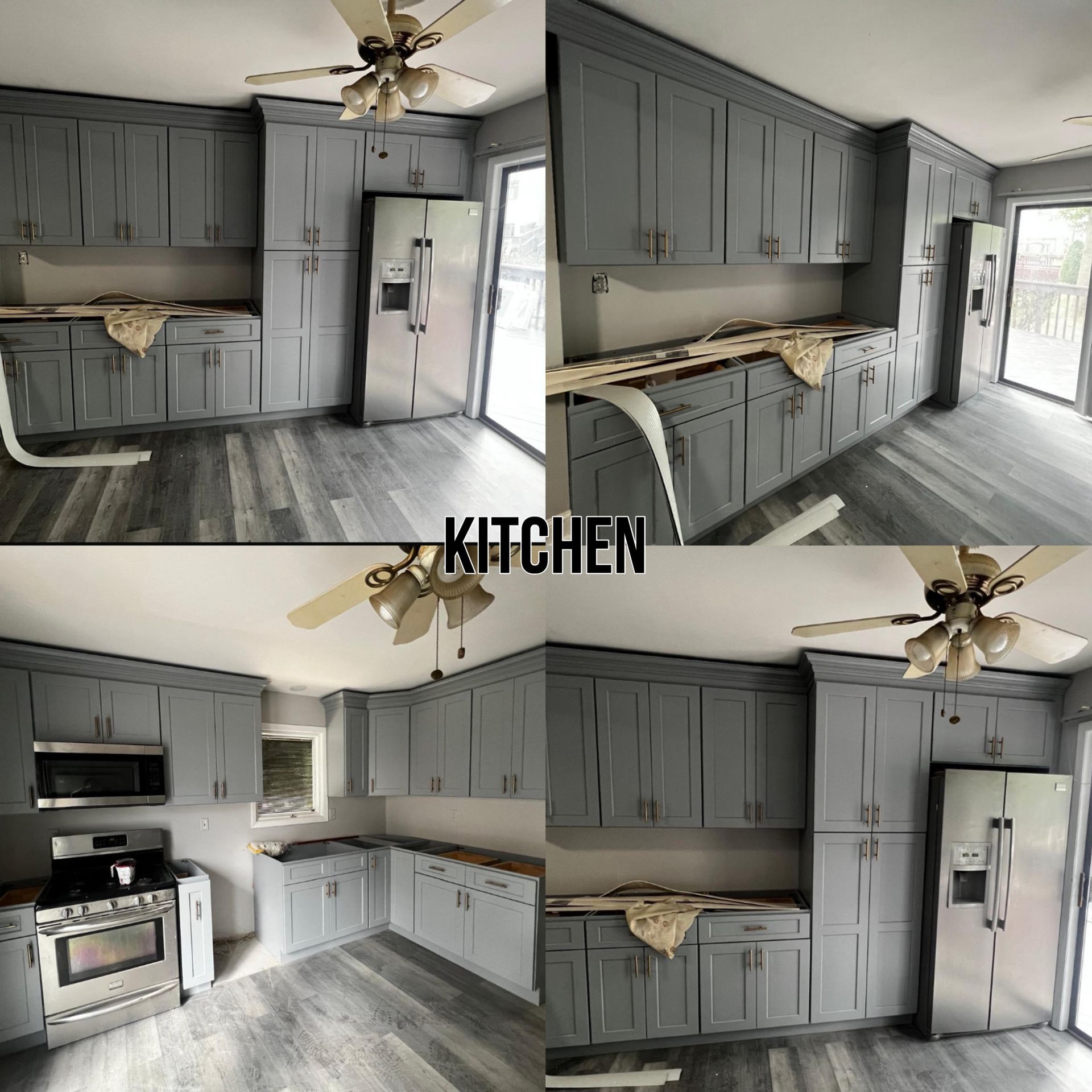 Four views of a kitchen with grey cabinets, stainless steel appliances, and grey wood-look flooring.