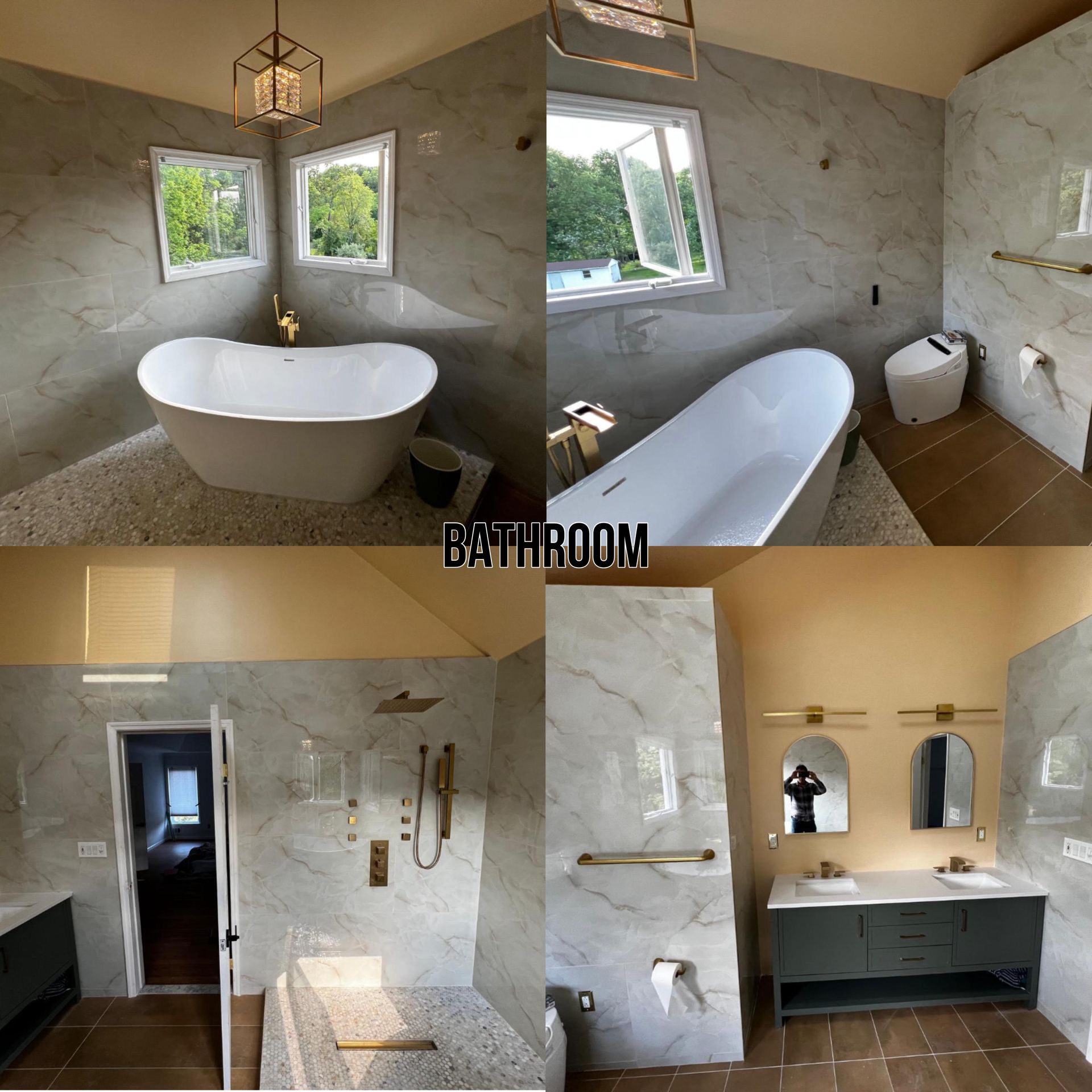 A four-panel collage showing a modern bathroom with marble-tiled walls, a soaking tub, a shower, and a double vanity.