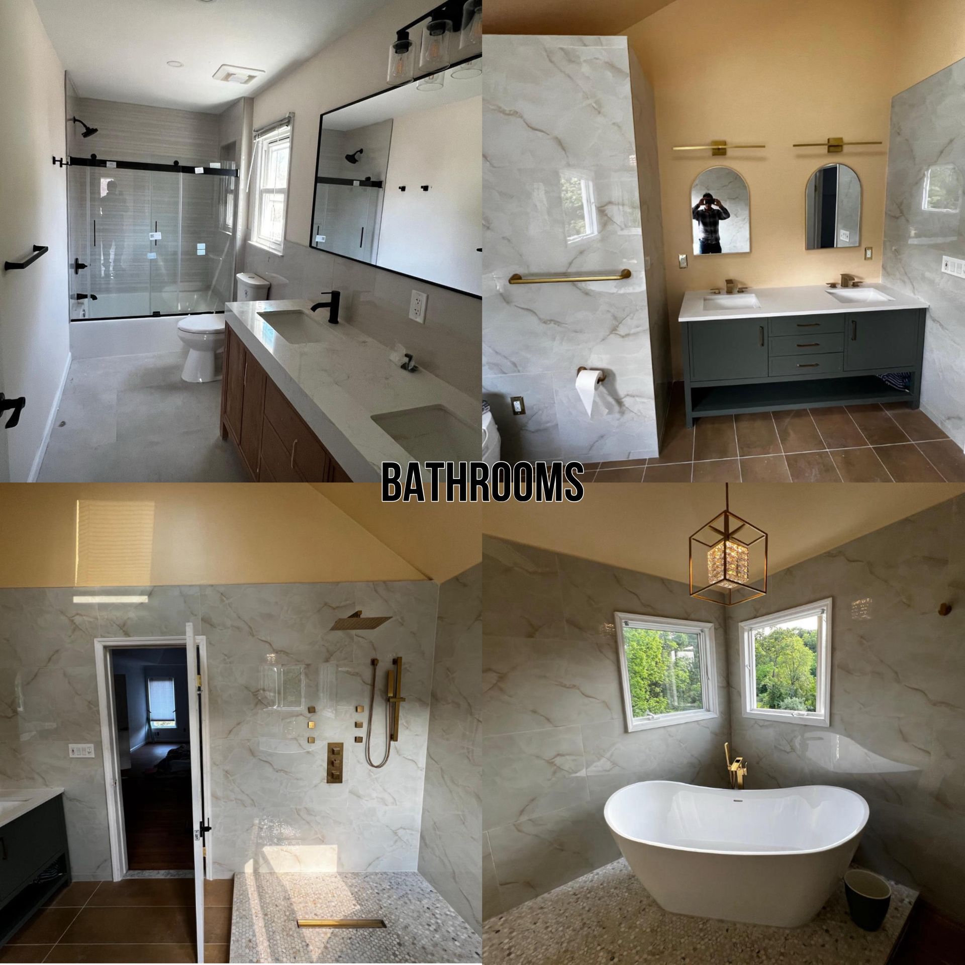 A collage of four photos showing a modern bathroom with marble-tiled walls, a double vanity, glass shower, and soaking tub.
