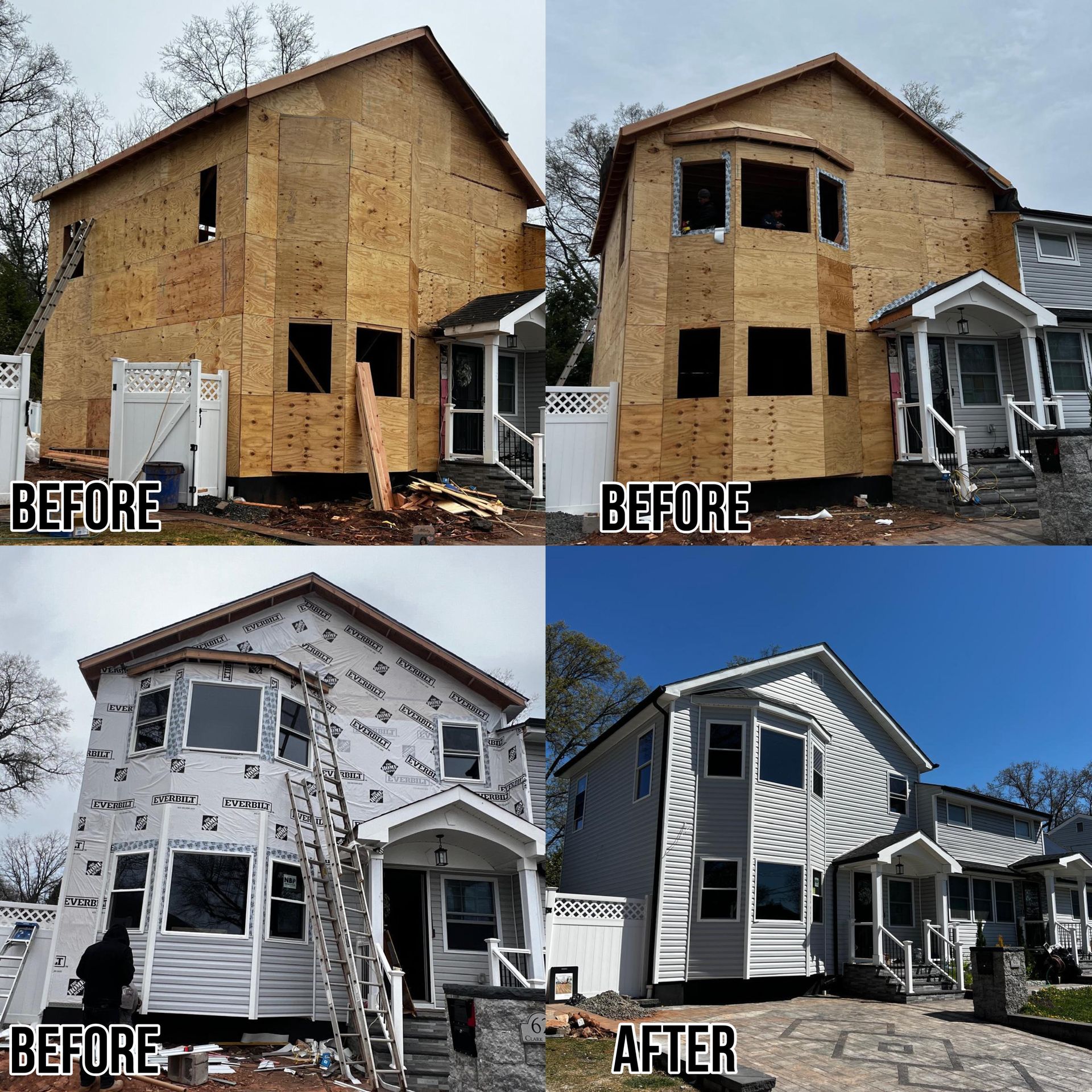 Four-panel collage of a house before and after exterior siding and paint renovation
