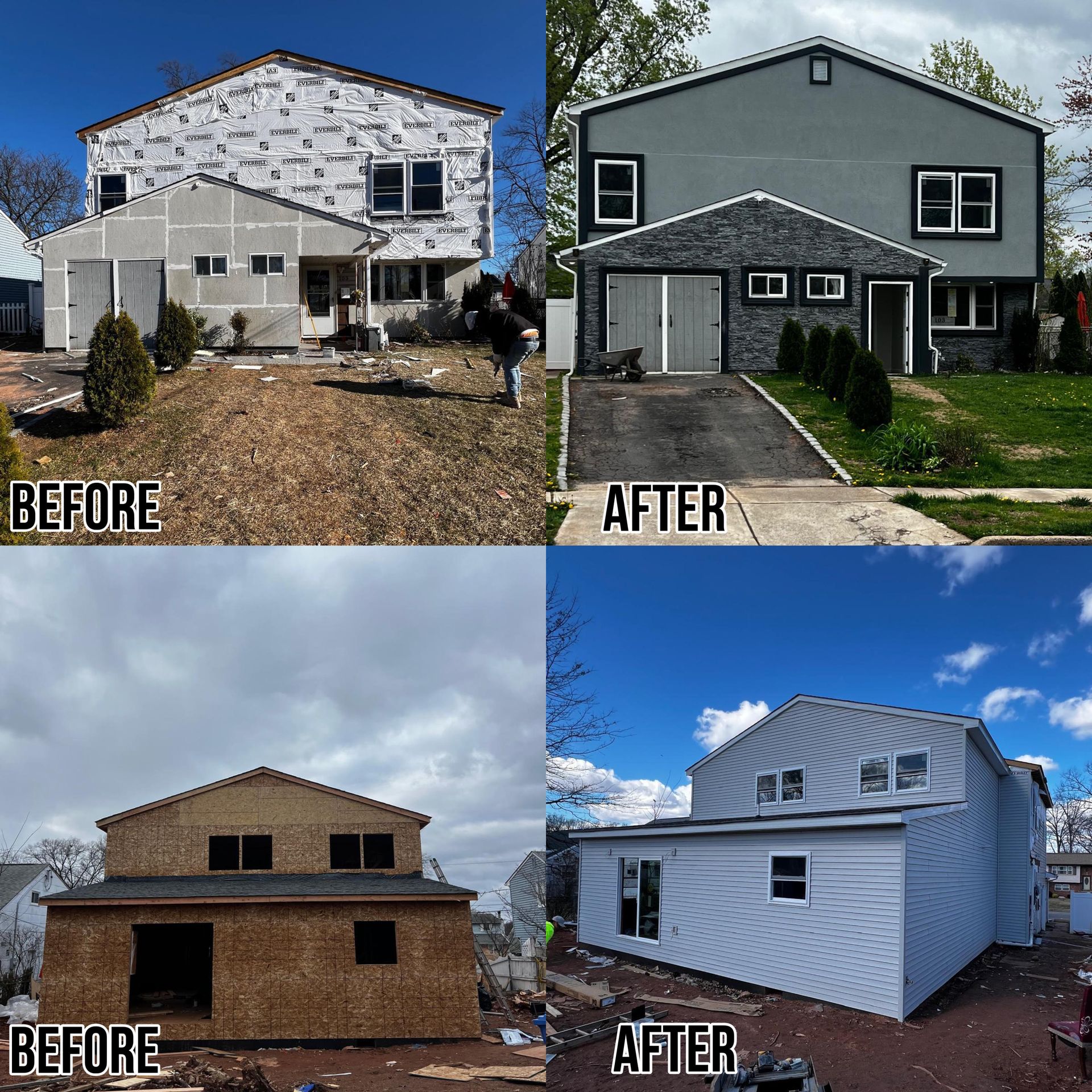 A collage showing before-and-after photos of two home exterior renovation projects with siding, stone, and paint updates.