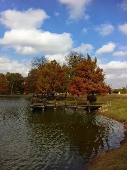 Burleson Electrician
-A serene lake with a small wooden dock surrounded by trees in autumn colors of orange and red. The sky is bright blue with white fluffy clouds.
