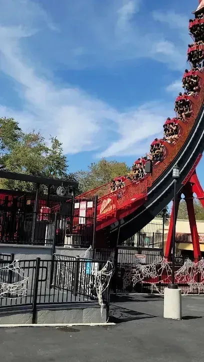 Burleson Electrician -A pirate ship amusement park ride ascending a steep red and black track against a bright blue, partly cloudy sky, with black metal railings and fake webbing in the foreground.