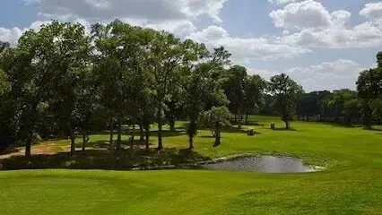 Burleson Electrician - Sunny golf course scene with lush green grass, a small pond, and tall trees casting shadows. Fluffy clouds dot the blue sky, creating a tranquil atmosphere.