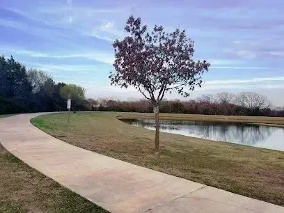 Burleson Electrician - Curving path by a tranquil pond, bordered by trees under a partly cloudy sky. A single tree stands near the path, evoking peaceful solitude.