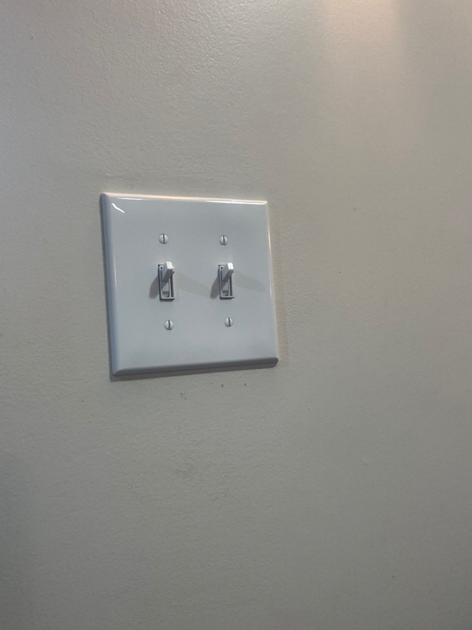 White electrical light switch plate with two switches on a light gray wall.