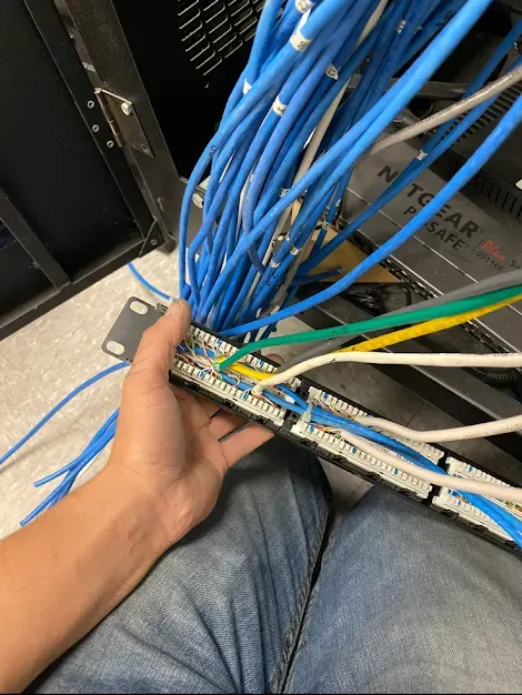 Hand holding a rack panel with numerous blue and other color cables, likely networking.