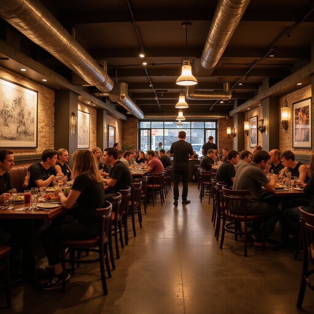 Restaurant interior with diners at tables, server stands at center. Exposed brick, industrial ceiling.