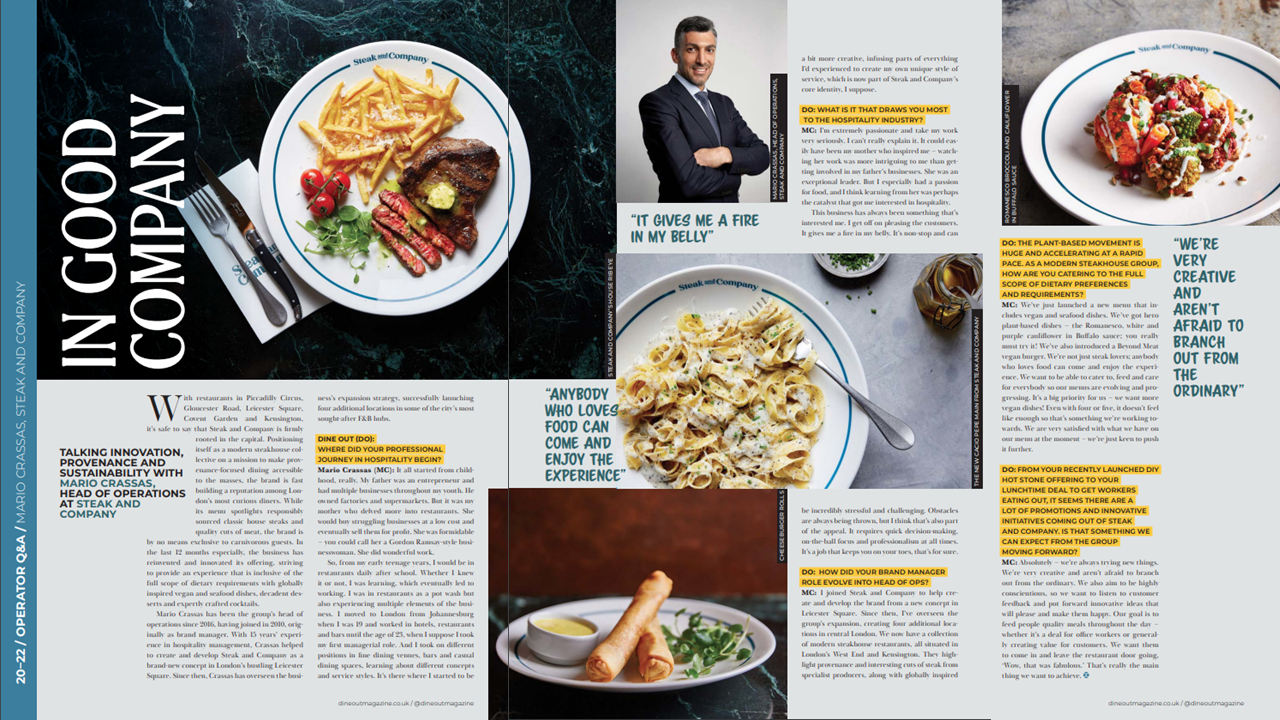 Spread featuring food photography and a man in a suit; includes dishes like steak, pasta, and pastries.