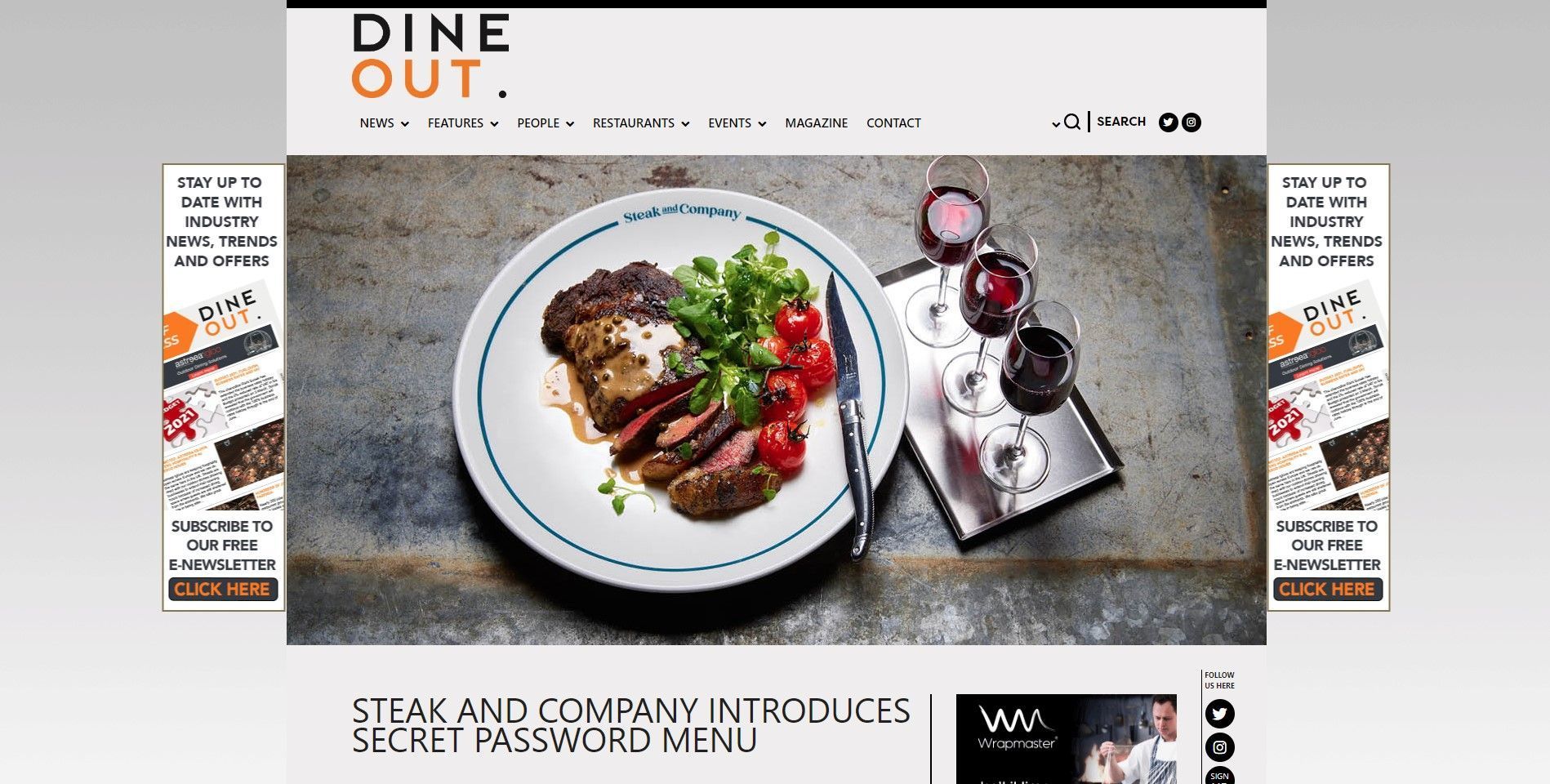 Steak and company introduces a secret password menu; steak dish with tomatoes, greens, and wine.
