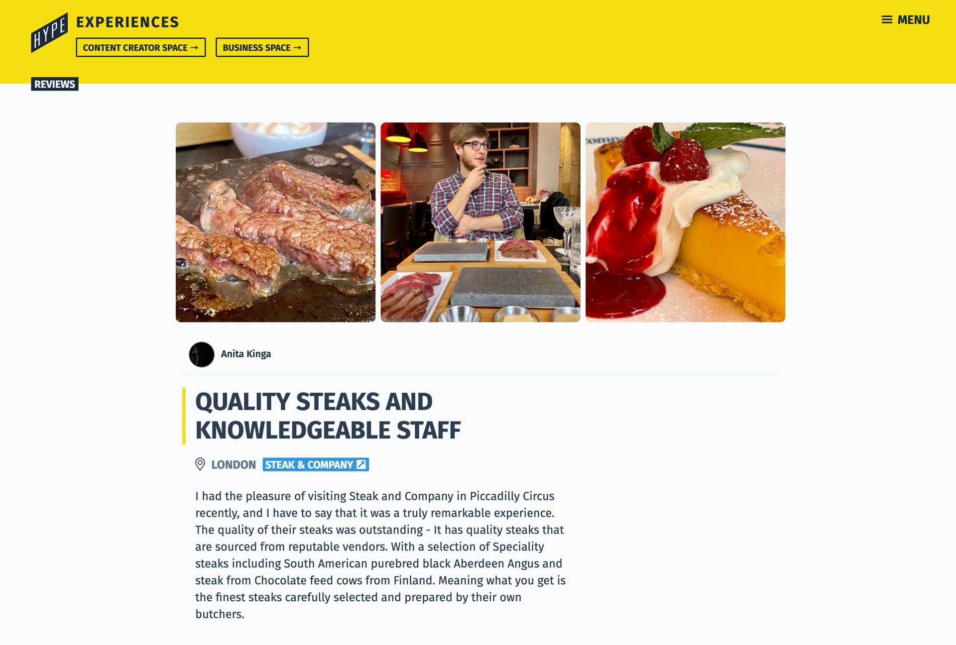 Website with three food photos: steak, person with steak, cheesecake. Yellow background.