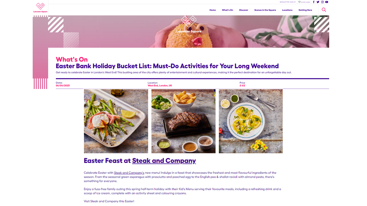 Website article about Easter with food photos and a pink banner.
