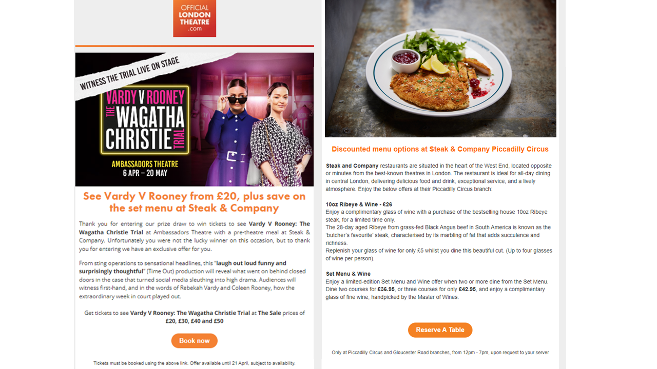 Email: Left side features a theater event ad; right side displays a meal of food.