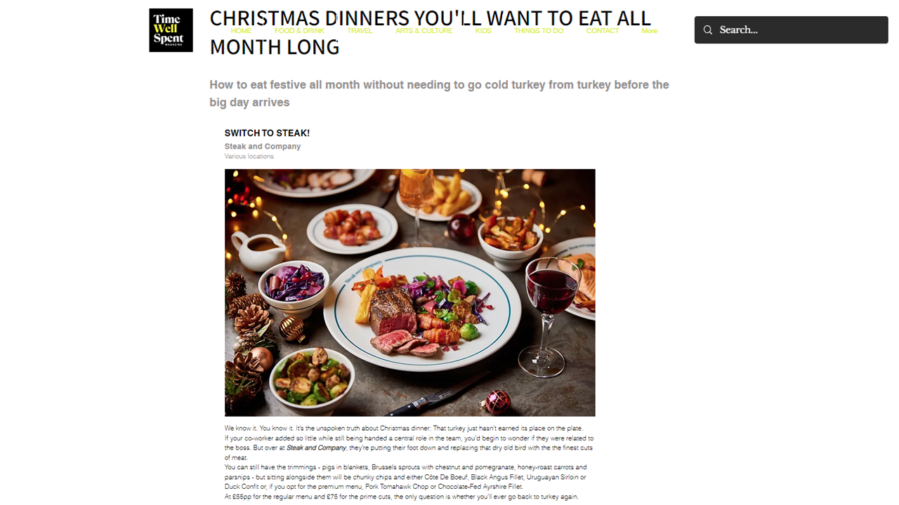 A festive table with a variety of Christmas dinner dishes.
