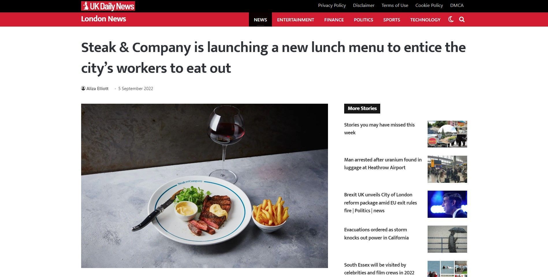 Steak and Company advertisement featuring a plate of steak, mashed potatoes, and fries.