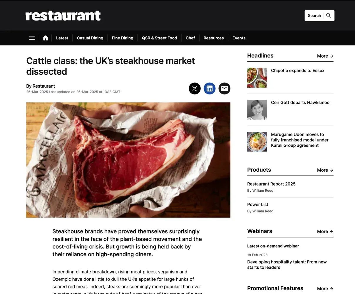 Large raw steak wrapped in paper on a wooden surface, article about UK steakhouse market.