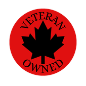 Red circle with black maple leaf, text 