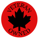 Red circle with black maple leaf, text 