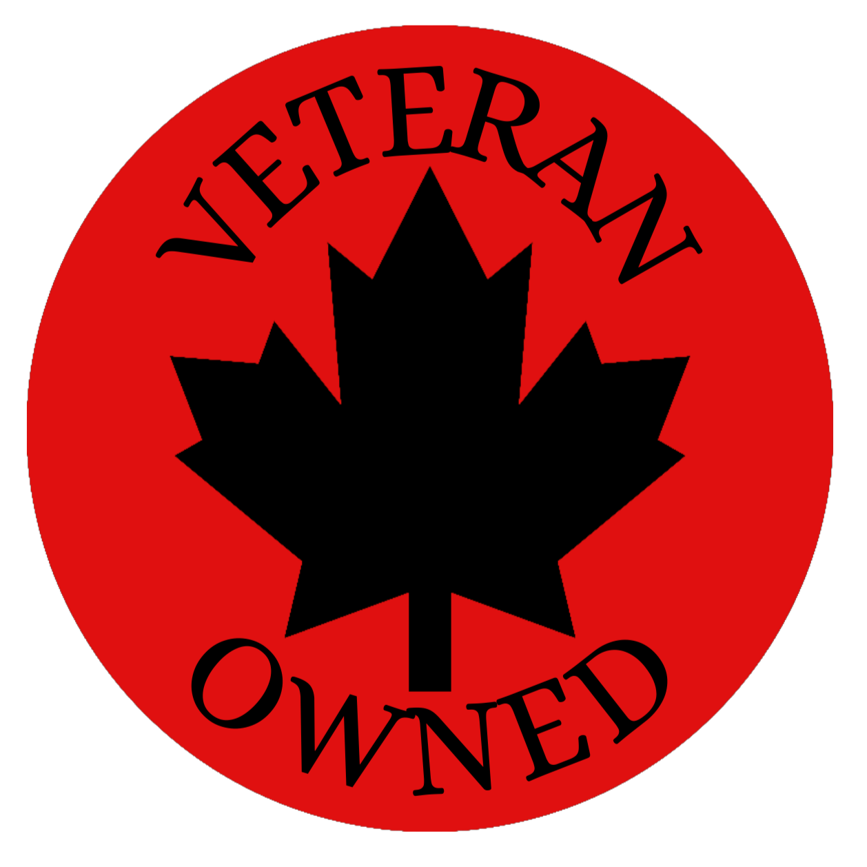 Red circle with black maple leaf, text