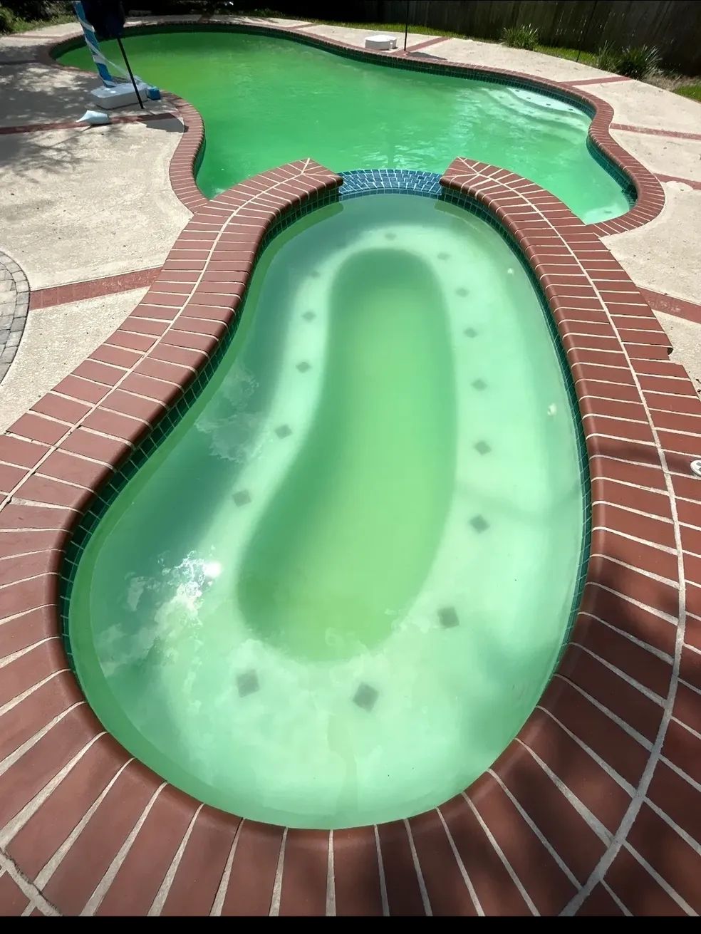 Green algae-filled swimming pool and hot tub surrounded by a red brick border.