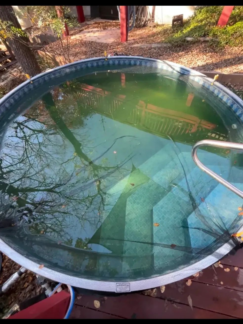 A round, green above-ground pool filled with algae and debris. Trees reflect in the water.