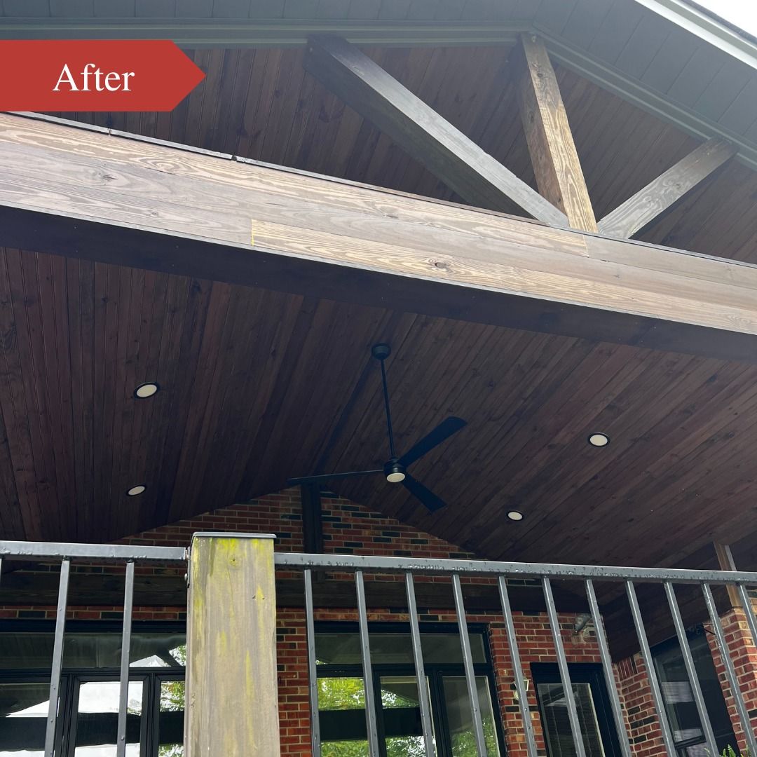A picture of a porch with a ceiling fan and a sign that says after