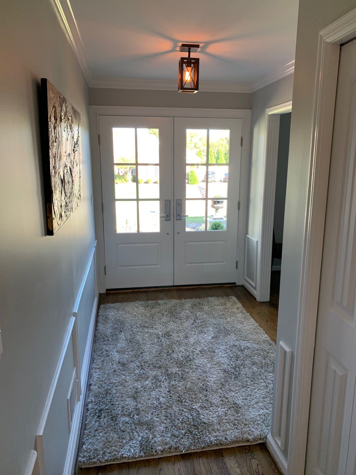 A hallway with a rug and two doors in a house.