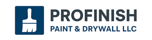 Logo for ProFinish Paint & Drywall LLC, featuring a blue square with a white paintbrush icon, and the company name in dark gray text.
