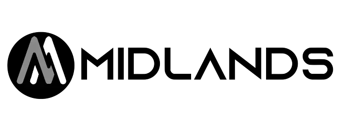 Logo for Midlands, featuring a stylized "M" within a black circle, followed by the word "MIDLANDS."