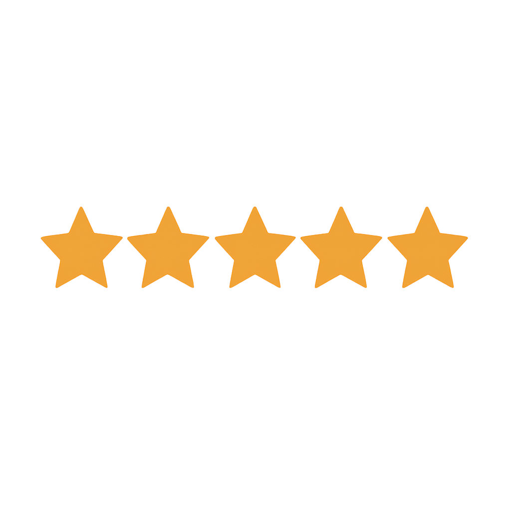 Five golden stars in a row, representing a five-star rating.