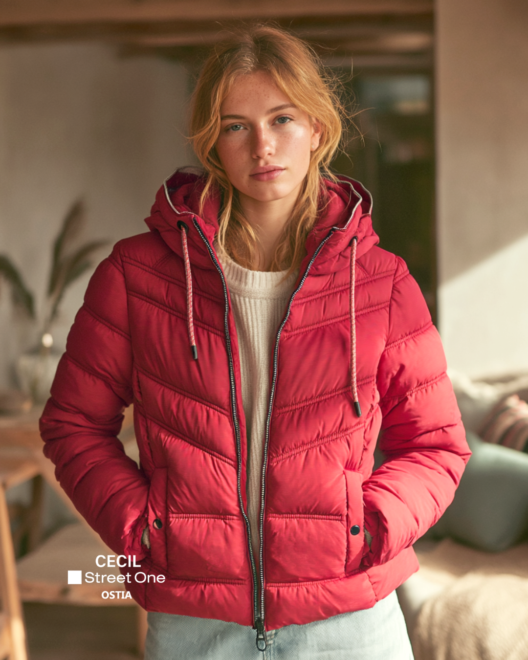 Donna che indossa un piumino rosso con cappuccio.