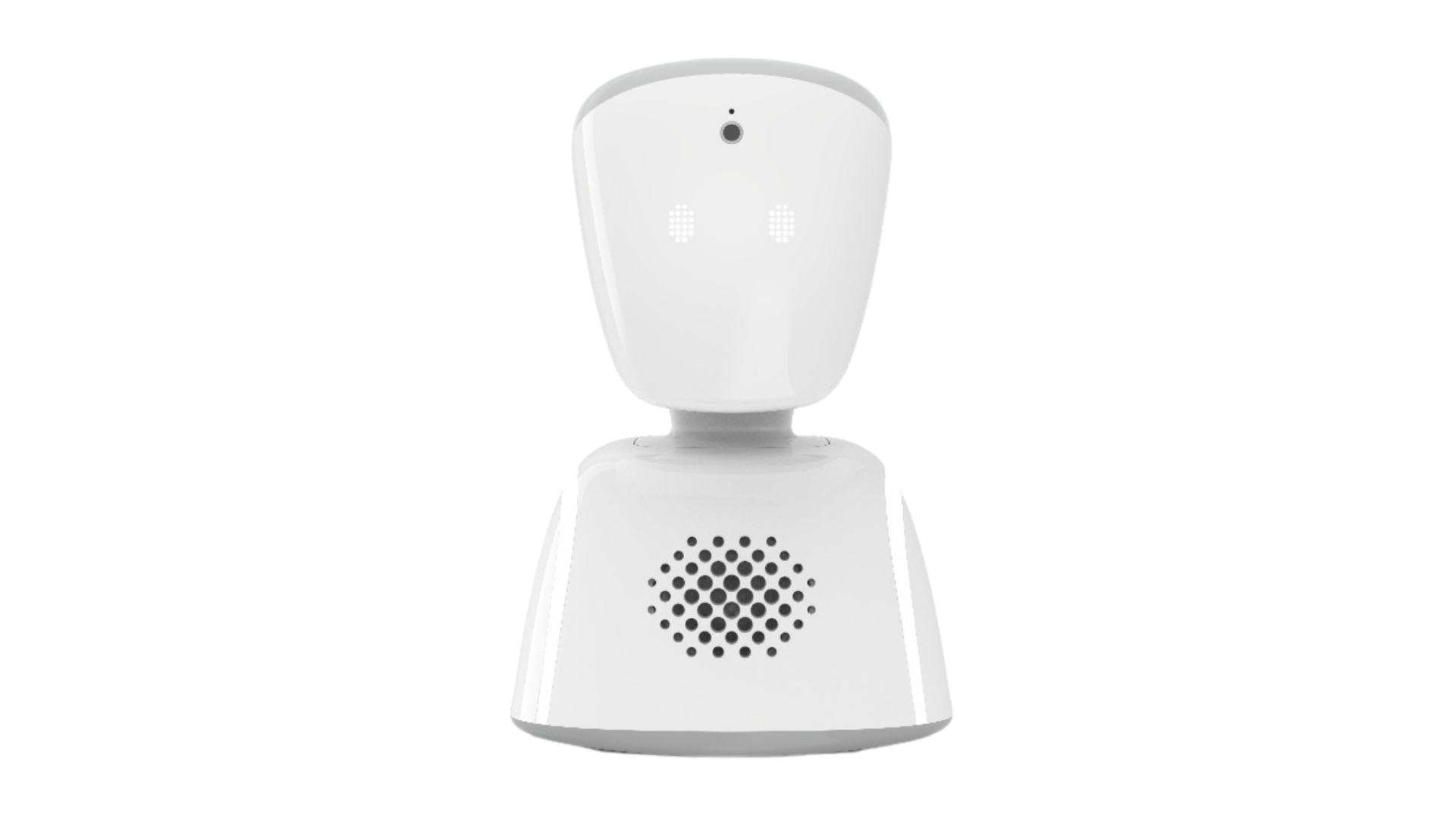 Un robot blanc avec un haut-parleur et une caméra sur fond blanc.