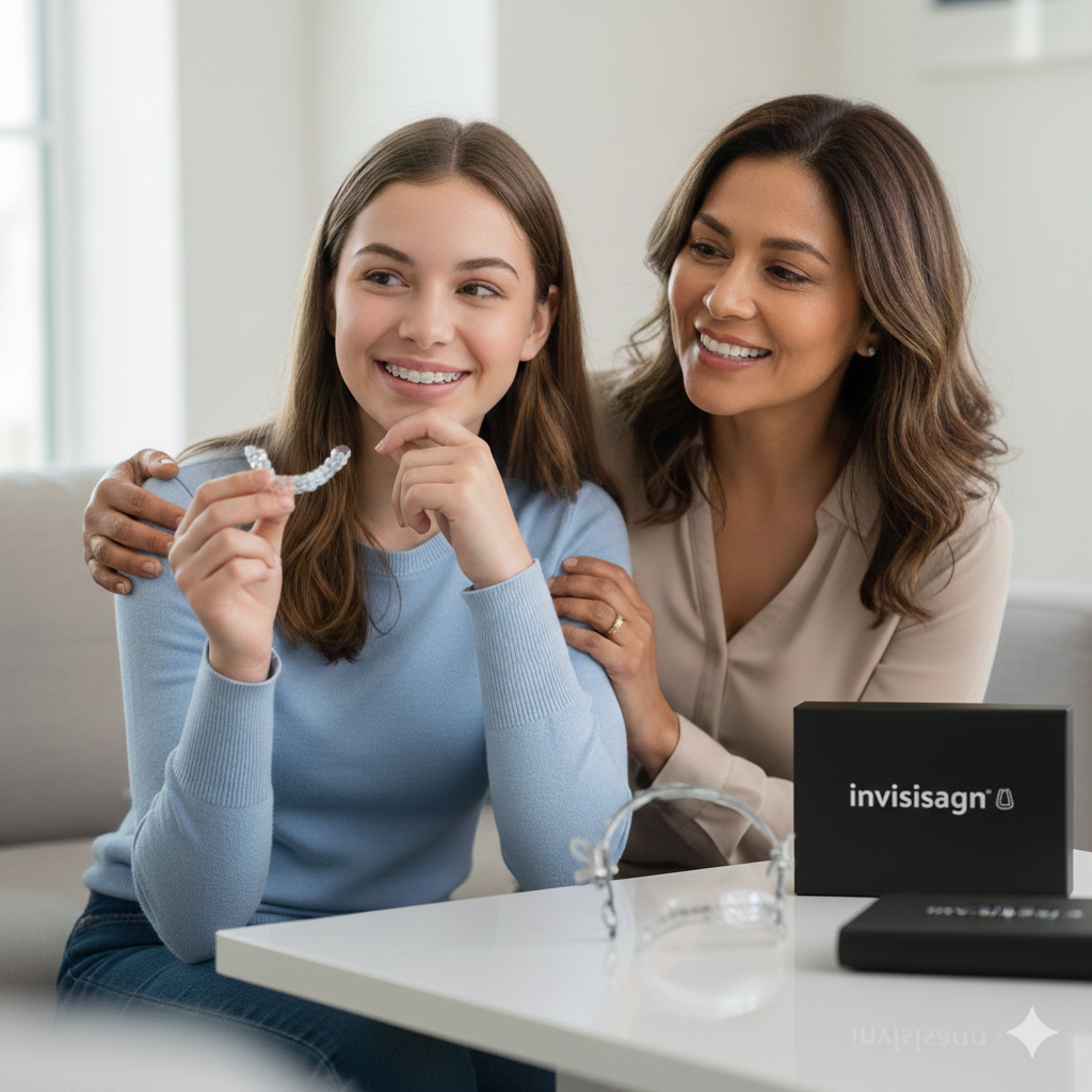 Woman and teen holding Invisalign aligners, smiling indoors.