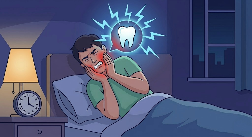 Man in bed holding cheek with glowing tooth and pain lines, bedside lamp and clock in dark bedroom